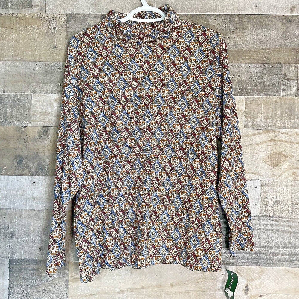 Vintage 90s Hunt Club Turtleneck T-Shirt‎ Size L Petite Brown Diamond Floral NWT
